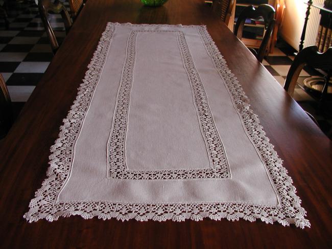 Very large table runner with Cluny lace inserts