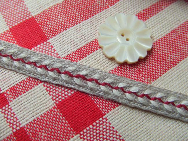 Adorable ribbon in braided flax with cotton red médoc and white (10mm)