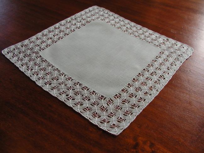 Lovely drawn thread work square doily in very light green colour