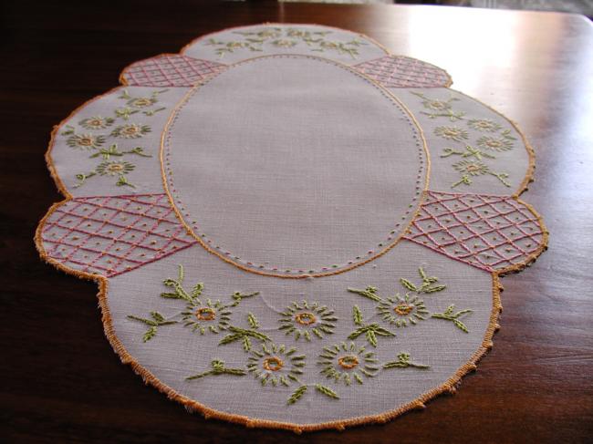 Really pretty table centre with summer embroidered flowers