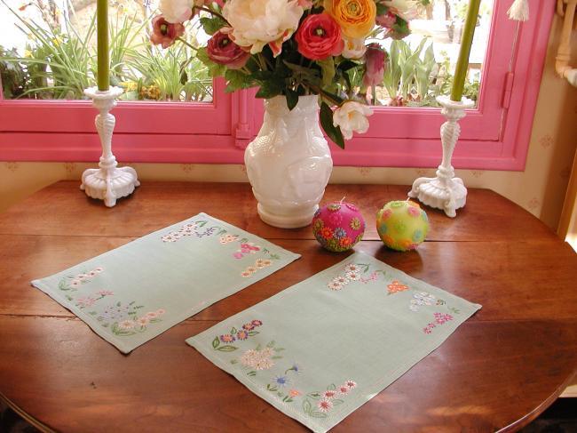Romantic pair of linen table centres with hand-embroidered flowers