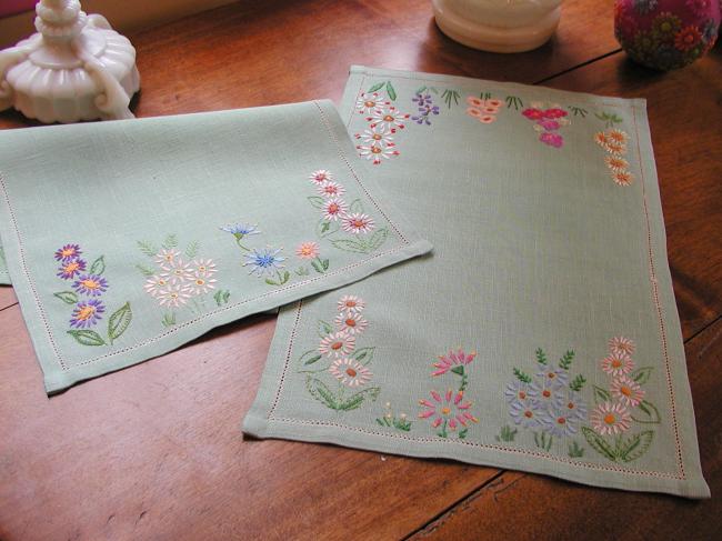 Romantic pair of linen table centres with hand-embroidered flowers