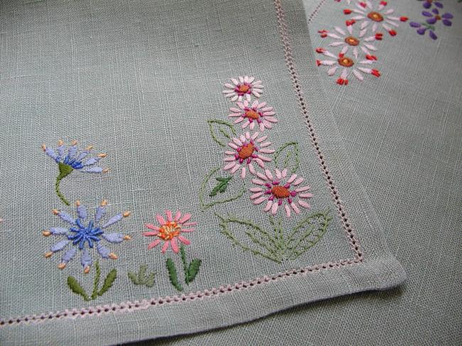 Romantic pair of linen table centres with hand-embroidered flowers