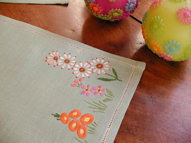 Romantic pair of linen table centres with hand-embroidered flowers