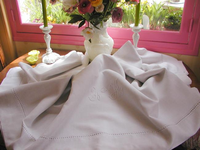 Lovely heavy linen sheet with drawn thread work and monogram NM