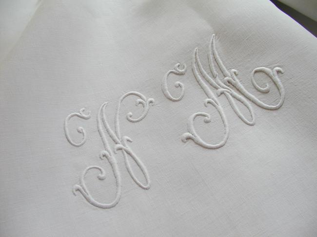 Lovely heavy linen sheet with drawn thread work and monogram NM