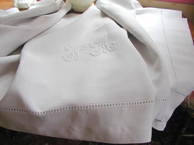 Lovely heavy linen sheet with drawn thread work and monogram NM