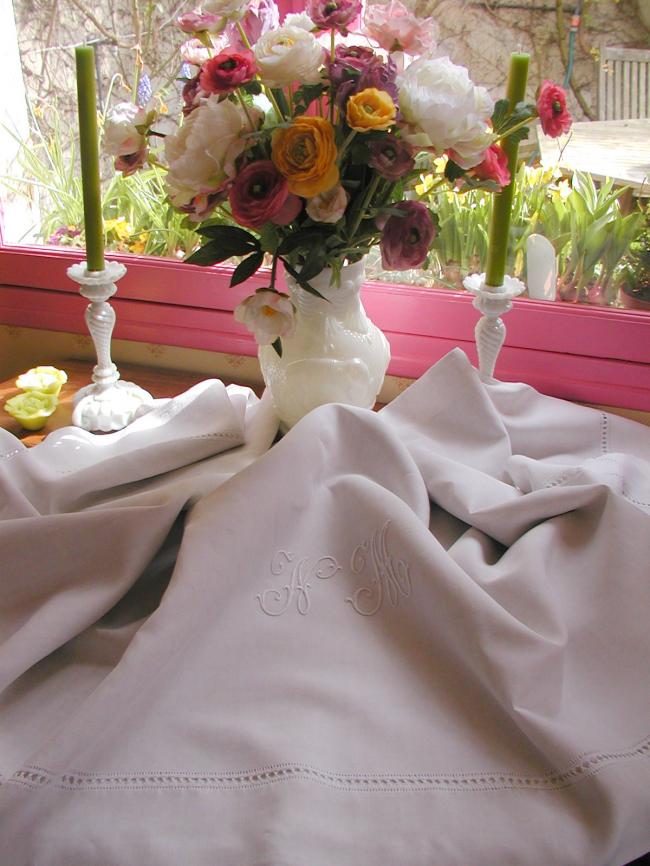 Lovely heavy linen sheet with drawn thread work and monogram NM
