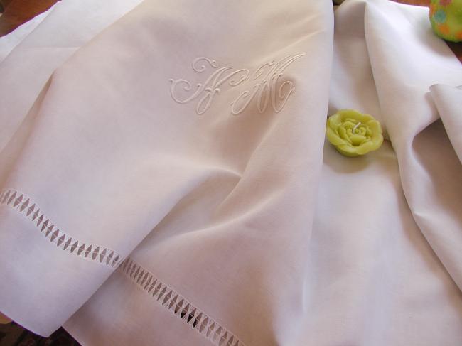 Sweet heavy linen sheet with drawn thread work and monogram NM