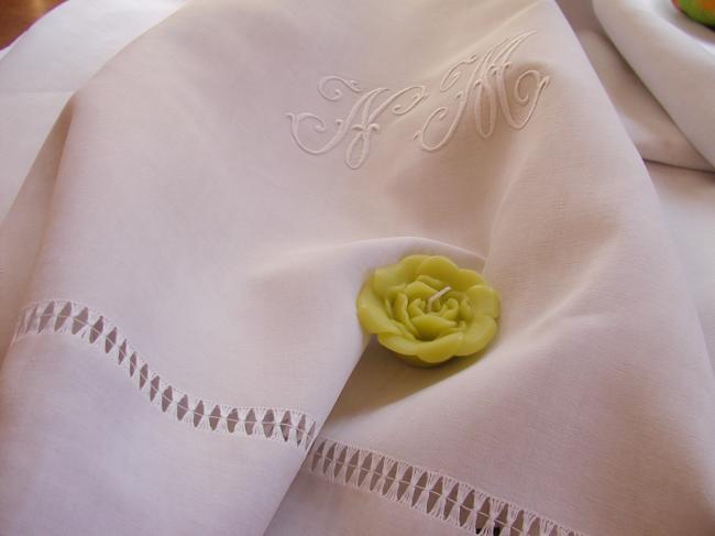 Sweet heavy linen sheet with drawn thread work and monogram NM