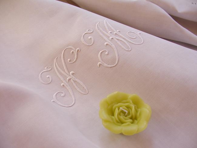 Sweet heavy linen sheet with drawn thread work and monogram NM