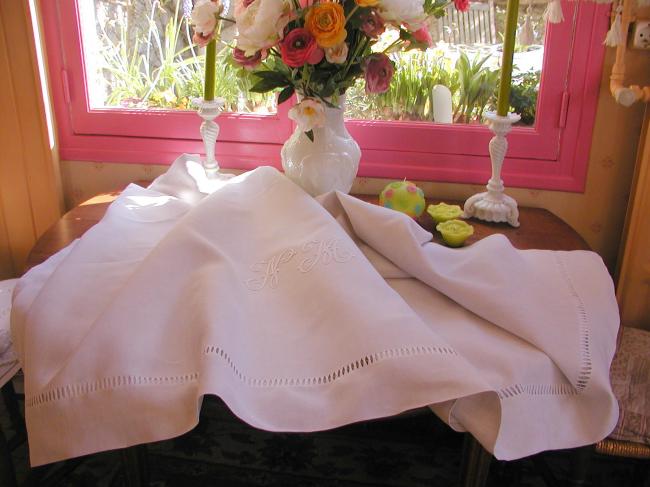 Sweet heavy linen sheet with drawn thread work and monogram NM