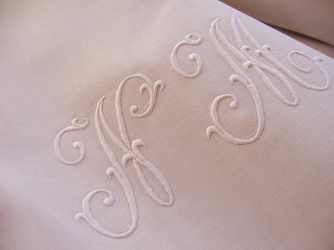 Sweet heavy linen sheet with drawn thread work and monogram NM