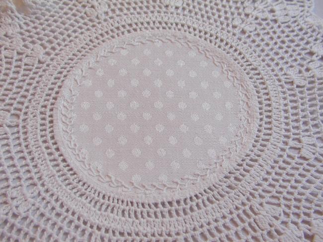 Charming hand made damask round doily with crochet lace