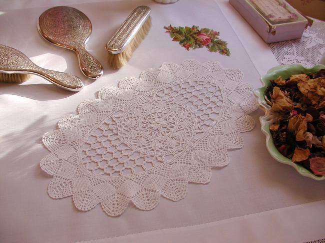 Pretty Cluny bobbin lace oval table centre, with point d'esprit