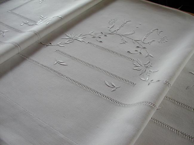 Gorgeous linen sheet with abundance of embroidered flowers