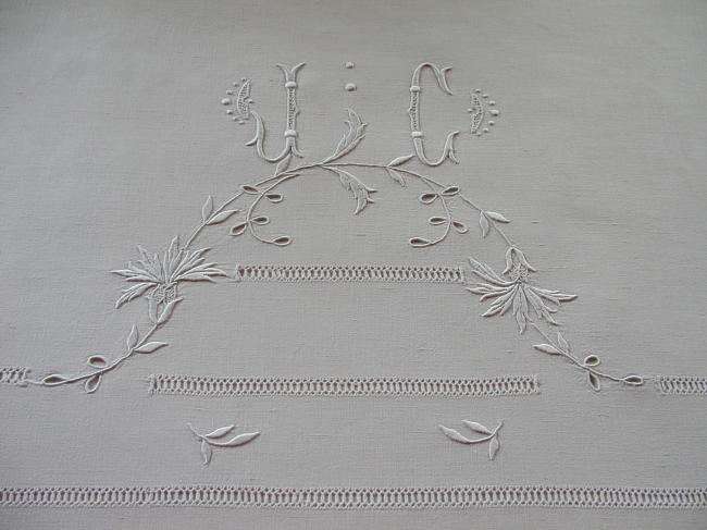 Gorgeous linen sheet with abundance of embroidered flowers