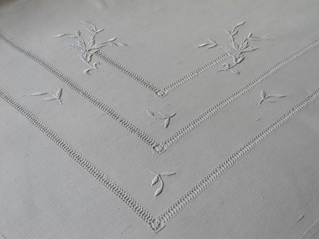 Gorgeous linen sheet with abundance of embroidered flowers