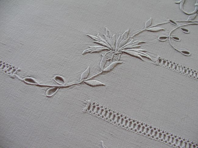 Gorgeous linen sheet with abundance of embroidered flowers