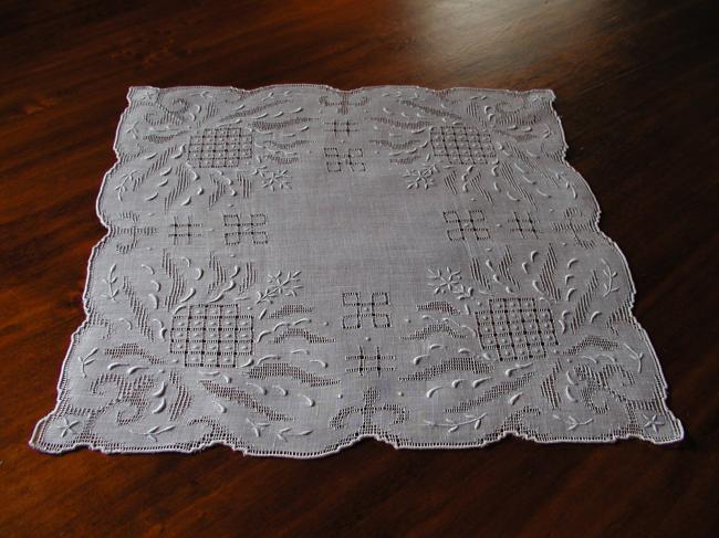 Stunning drawn thread worked and embroidered handkerchief