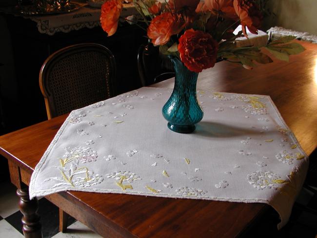 Charming tablecloth with lavish  embroidered hortensias flowers