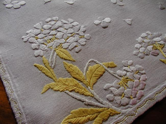 Charming tablecloth with lavish  embroidered hortensias flowers