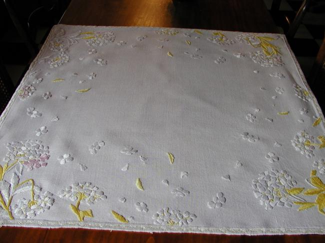 Charming tablecloth with lavish  embroidered hortensias flowers