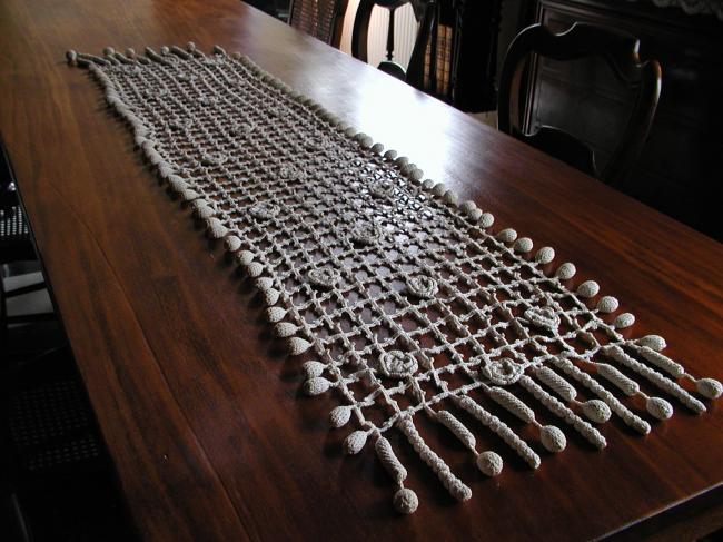 Lovely crochet d'art lace table runner with lots of tassels