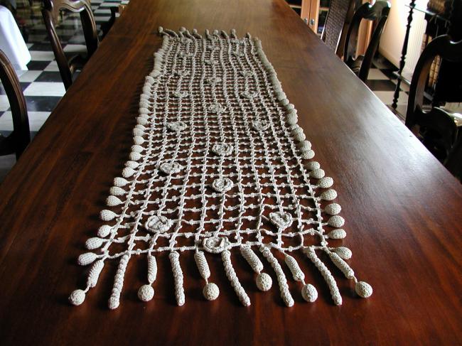 Lovely crochet d'art lace table runner with lots of tassels