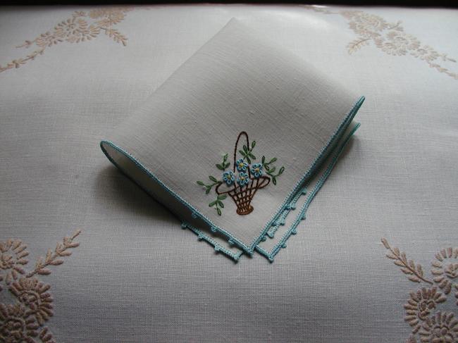 Charming handkerchief with embroidered basket of flowers