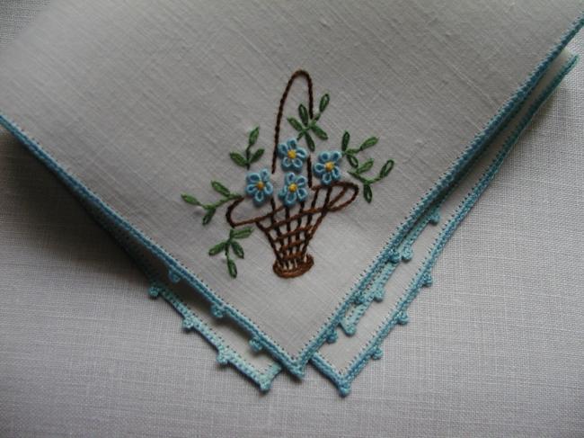 Charming handkerchief with embroidered basket of flowers