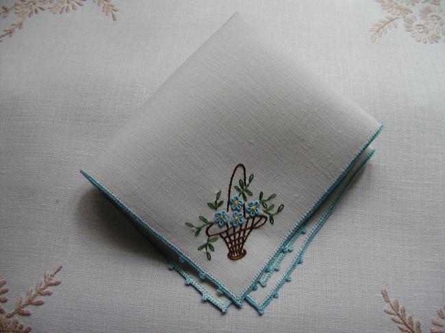 Charming handkerchief with embroidered basket of flowers