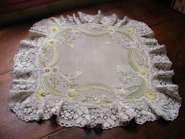 Gorgeous ribbons embroidered table centre with lace