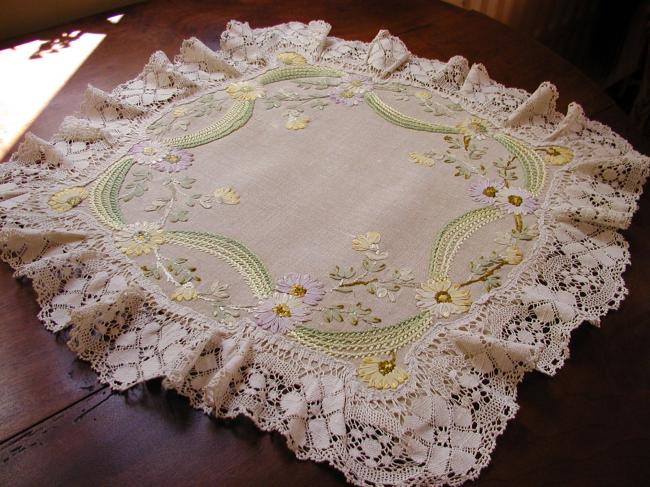 Gorgeous ribbons embroidered table centre with lace