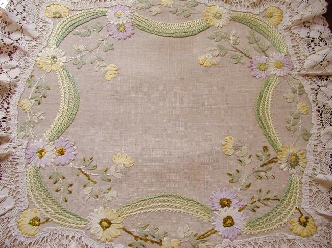 Gorgeous ribbons embroidered table centre with lace