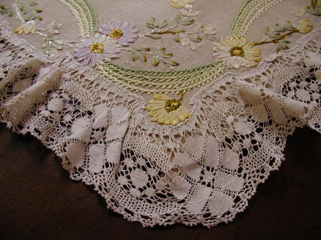 Gorgeous ribbons embroidered table centre with lace