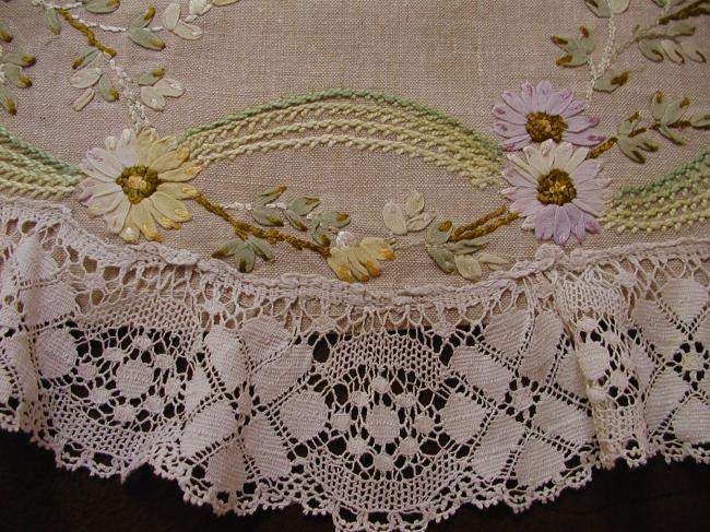 Gorgeous ribbons embroidered table centre with lace