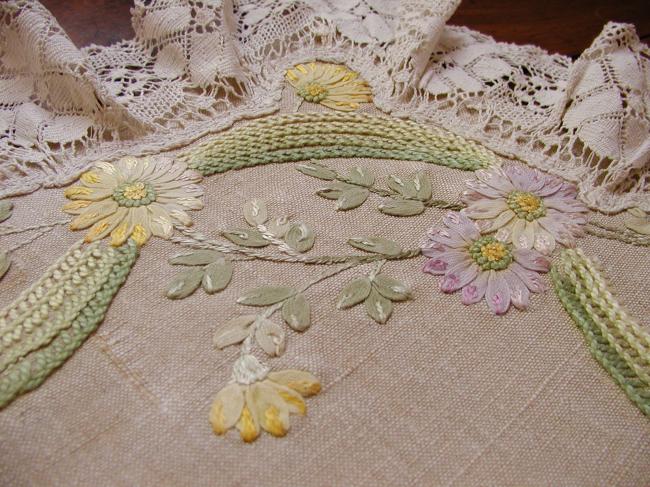 Gorgeous ribbons embroidered table centre with lace