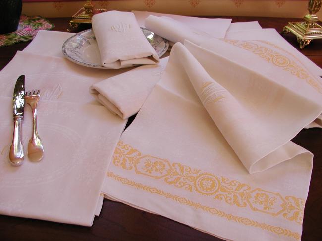 Lovely 11 serviettes in damask silk and linen with monogram WB