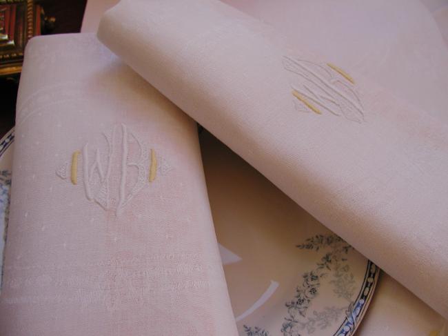 Lovely 11 serviettes in damask silk and linen with monogram WB