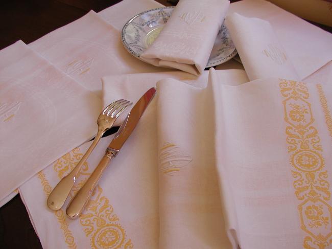 Lovely 11 serviettes in damask silk and linen with monogram WB
