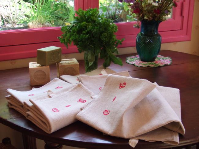 Superb set of 8 hemp tea towels with red monogram CG or CT