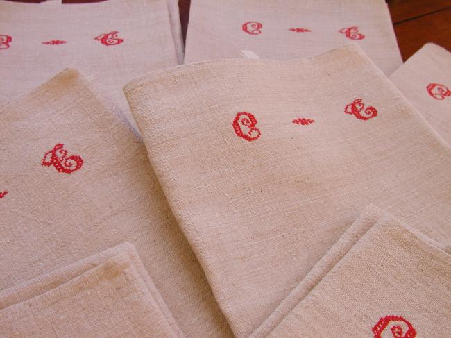 Superb set of 8 hemp tea towels with red monogram CG or CT