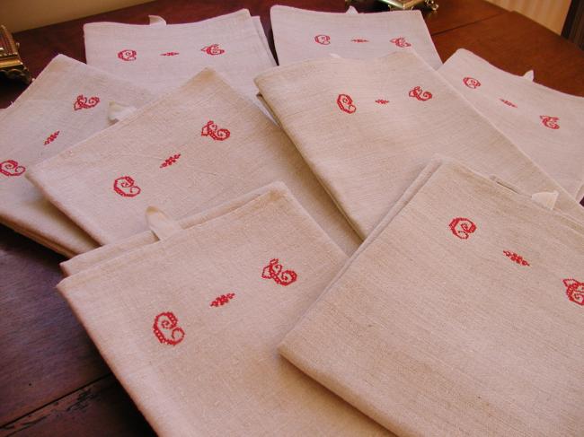 Superb set of 8 hemp tea towels with red monogram CG or CT