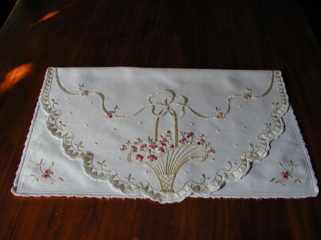 Superb silk night case with magnificient embroidered basket of flowers