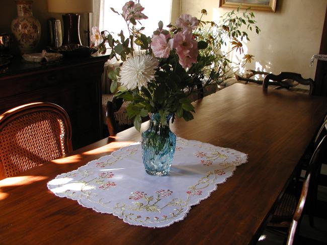 Stunning silk embroidered table runner or table centre with carnation flowers