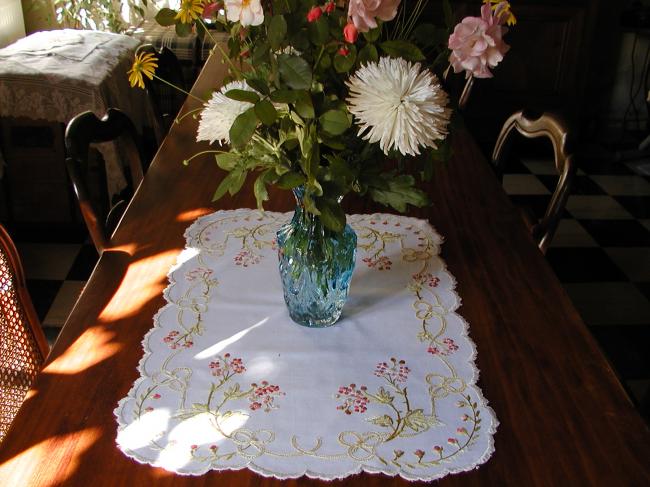 Stunning silk embroidered table runner or table centre with carnation flowers