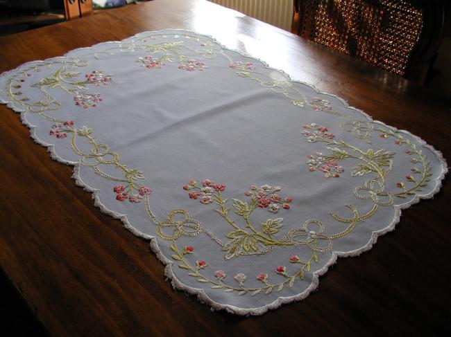 Stunning silk embroidered table runner or table centre with carnation flowers