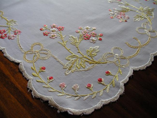 Stunning silk embroidered table runner or table centre with carnation flowers