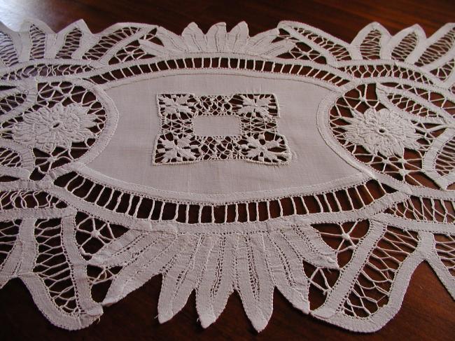 Lovely table runner with Battenburg tape lace and drawnthread works